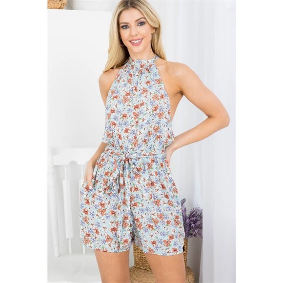 Boutique Pants - Mint Floral Tie Waist Racerback Romper